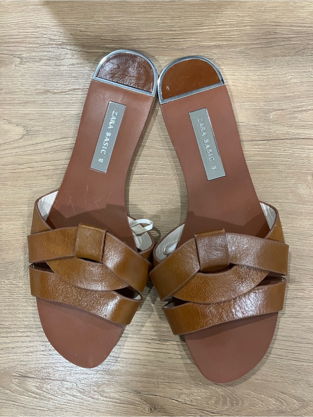 Zara Brown Woven Leather Slide Sandals
